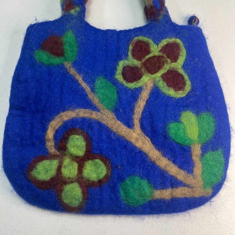 Blue Floral Tote Nepal Vintage Boho Cottagecore Green Woven Small Vacation - Picture 2 of 11
